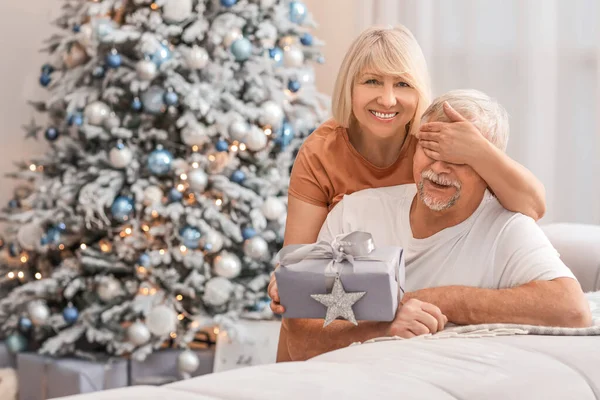 Mujer madura saludando a su marido con regalo de Navidad en casa —  Fotos de Stock