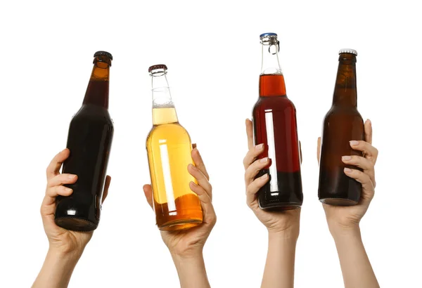 Hands with bottles of beer on white background — Stock Photo, Image