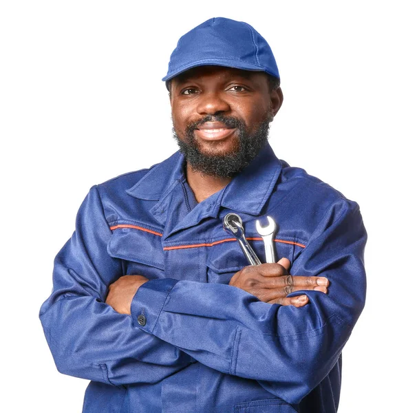 African-American car mechanic on white background — Stock Photo, Image