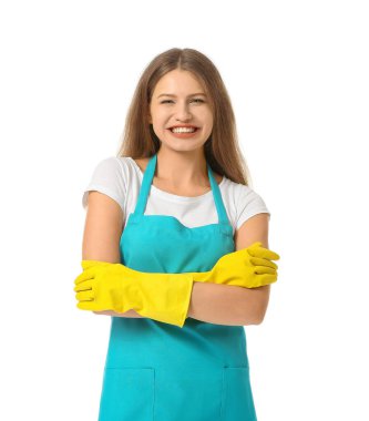 Beyaz arka planda kadın hademe