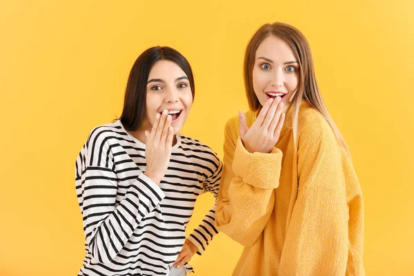 Excited women on color background — Stock Photo, Image
