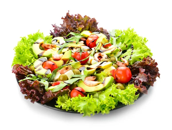 Plate with tasty avocado salad on white background — Stock Photo, Image