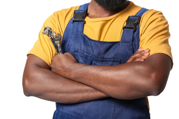 African-American car mechanic on white background, closeup — Stock Photo, Image