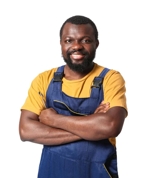 African-American car mechanic on white background — Stock Photo, Image