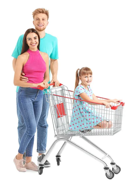 Family with shopping cart on white background — Stock Photo, Image