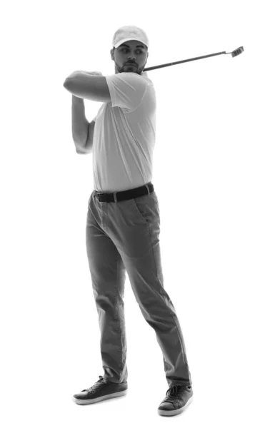 Black and white portrait of handsome male golfer isolated on white — Stock Photo, Image