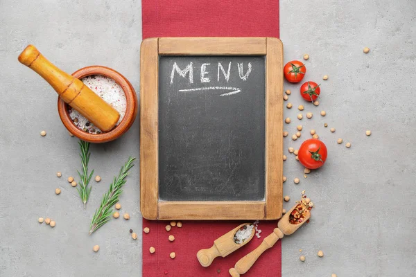 Blank menu and products on grey background — Stock Photo, Image