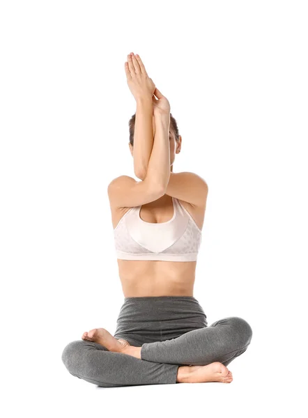 Beautiful young woman practicing yoga on white background — Stock Photo, Image