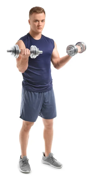 Jóképű férfi testépítő súlyzókkal elszigetelt fehér — Stock Fotó