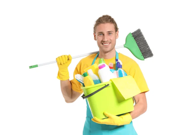 Manliga vaktmästare med rengöringsmateriel på vit bakgrund — Stockfoto