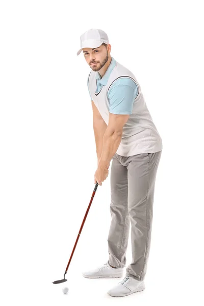 Bonito golfista masculino isolado em branco — Fotografia de Stock