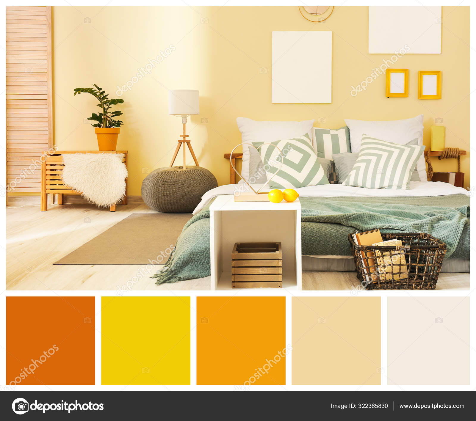 A bed in a bedroom in shades of yellow Stock Photos, Royalty Free A bed in  a bedroom in shades of yellow Images | Depositphotos