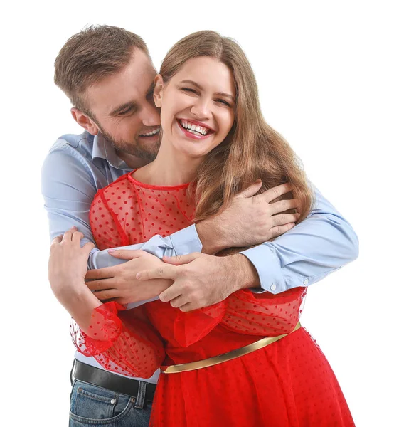 Feliz joven pareja sobre fondo blanco — Foto de Stock