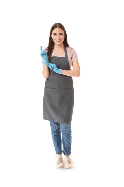 Female janitor on white background — Stock Photo, Image