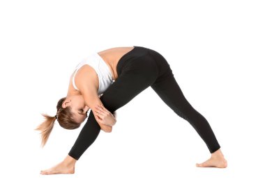 Pratik Yoga beyaz arka plan üzerinde güzel genç kadın