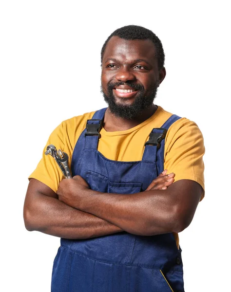 African-American car mechanic on white background — Stock Photo, Image