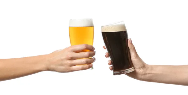 Hands clinking glasses of beer on white background — Stock Photo, Image