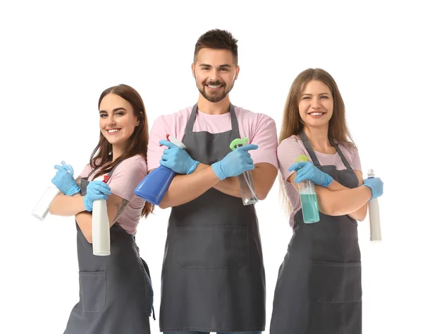 Equipe de zeladores em fundo branco — Fotografia de Stock