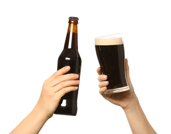 Hands with beer on white background — Stock Photo, Image