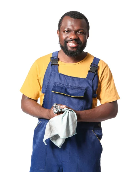 African-American car mechanic on white background — Stock Photo, Image