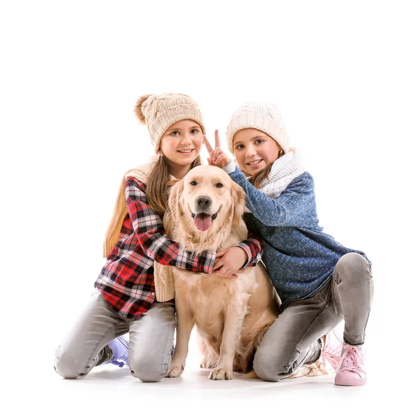 Meninas felizes em roupas de outono e com cão no fundo branco — Fotografia de Stock