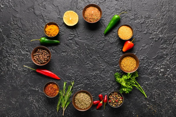 Frame made of different spices on dark background — Stock Photo, Image
