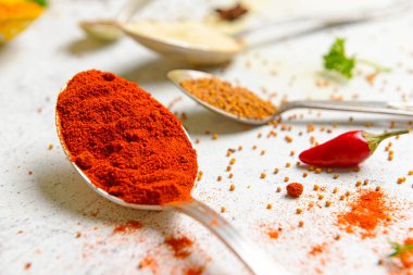 Işık arkaplanda farklı baharatlı kaşıklar