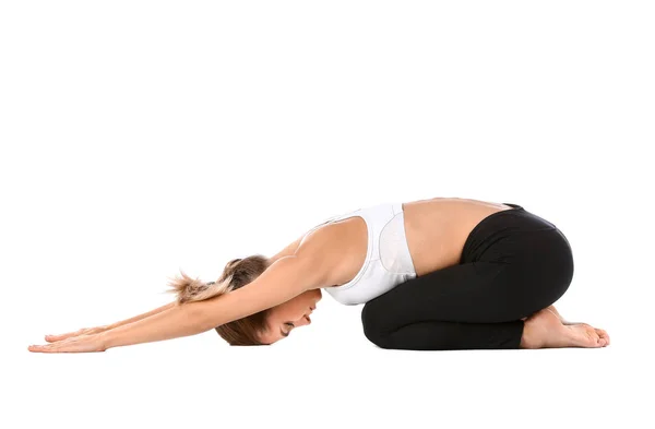 Beautiful young woman practicing yoga on white background — Stock Photo, Image