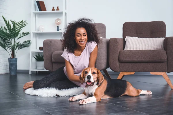 Beautiful African-American woman with cute dog at home — Stock Photo, Image