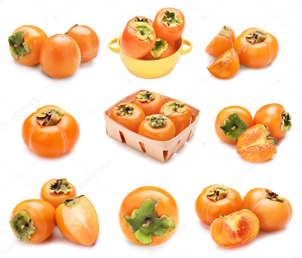 Set of ripe persimmons on white background