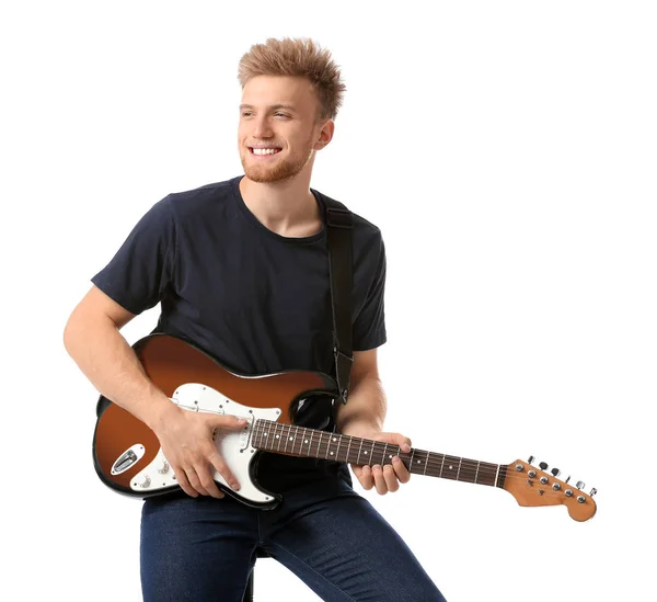 Handsome man with guitar on white background — Stock Photo, Image