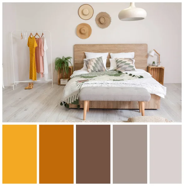 快適なベッドルームのスタイリッシュなインテリア。異なる色パターン — ストック写真