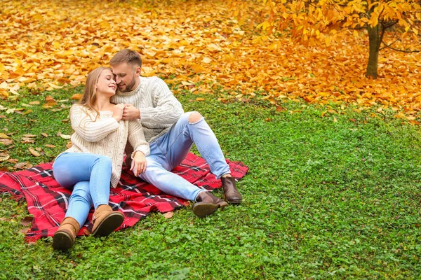 Loving young couple sitting on plaid in autumn park — Stock Photo, Image