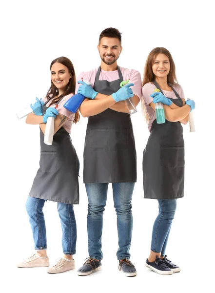 Team of janitors on white background — Stock Photo, Image