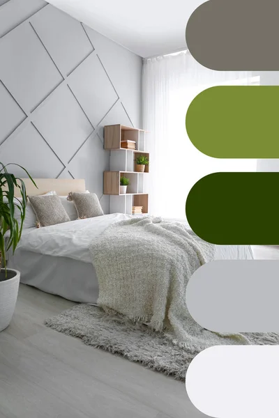 Stylowe wnętrze pokoju z dużym wygodnym łóżkiem. Różne wzory kolorów — Zdjęcie stockowe