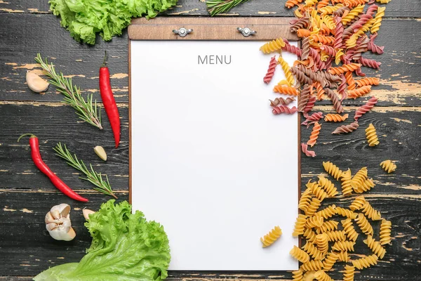 Blank menu and products on wooden background — Stock Photo, Image