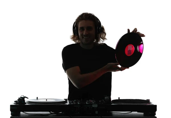 Silhouette del DJ di sesso maschile che suona musica su sfondo bianco — Foto Stock