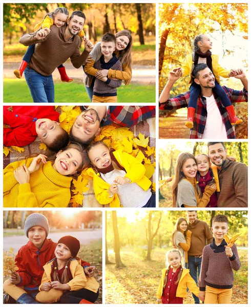 Collage de fotos con familia feliz en el parque de otoño —  Fotos de Stock