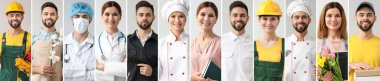 Farklı mesleklerden üniformalı insanlarla kolaj