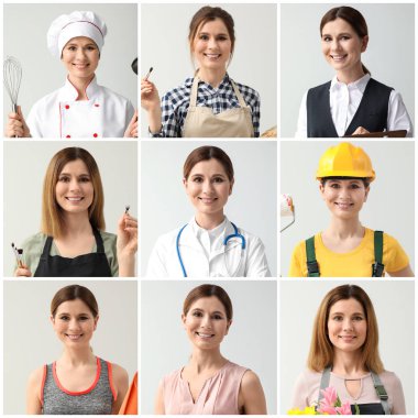 Farklı mesleklerden üniformalı kadınlarla kolaj. 
