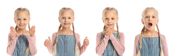 Collage met klein meisje op witte achtergrond. Concept van logopedie — Stockfoto