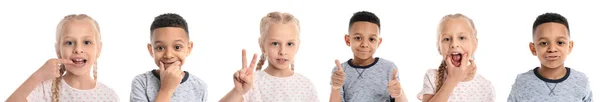 Kolaż z małymi dziećmi na białym tle. Koncepcja terapii mowy — Zdjęcie stockowe