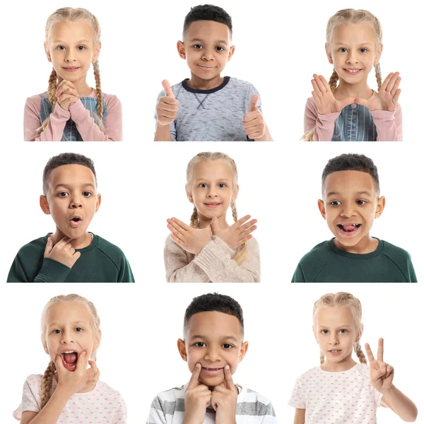 Collage with little children on white background. Concept of speech therapy — Stock Photo, Image