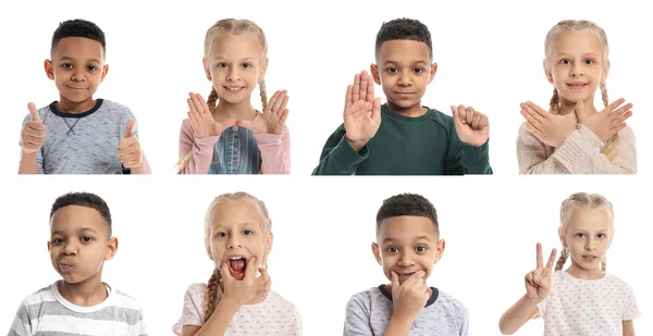 Collage con niños pequeños sobre fondo blanco. Concepto de terapia del habla —  Fotos de Stock