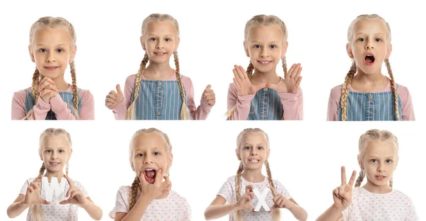 Collage with little girl on white background. Concept of speech therapy — ストック写真