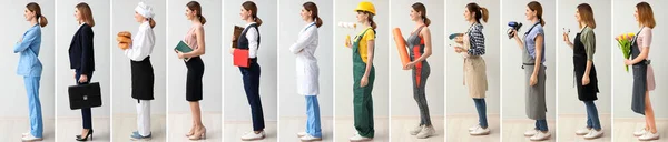 Koláž se ženou v uniformách různých profesí — Stock fotografie