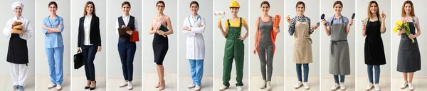Collage con mujer en uniformes de diferentes profesiones —  Fotos de Stock