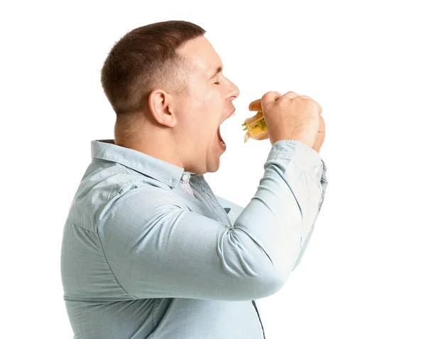 Man met overgewicht eet hamburger tegen witte achtergrond — Stockfoto