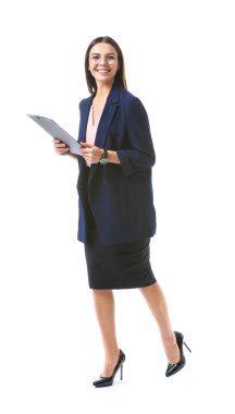 Beyaz arka planda güzel genç iş kadını