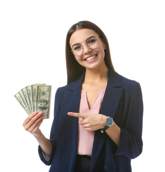 Beautiful young businesswoman with money on white background — ストック写真